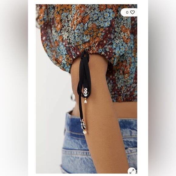 Free People Back On Top Cropped Top Dark Combo Size S Boho Smocked Puff Sleeve - Picture 3 of 13